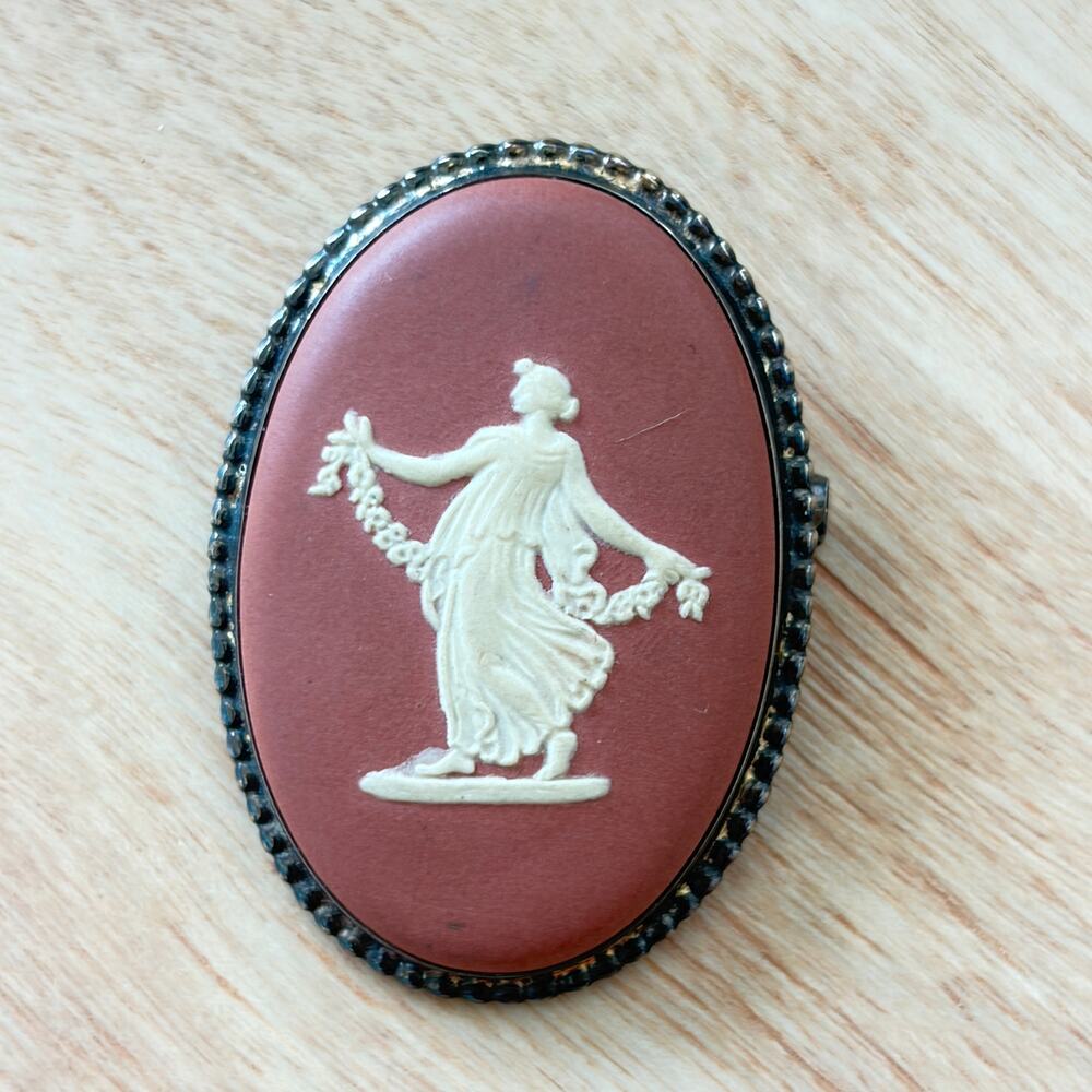Vintage Wedgwood Jasperware Brooch Terracotta Beaded Frame Dancing Hours Maiden